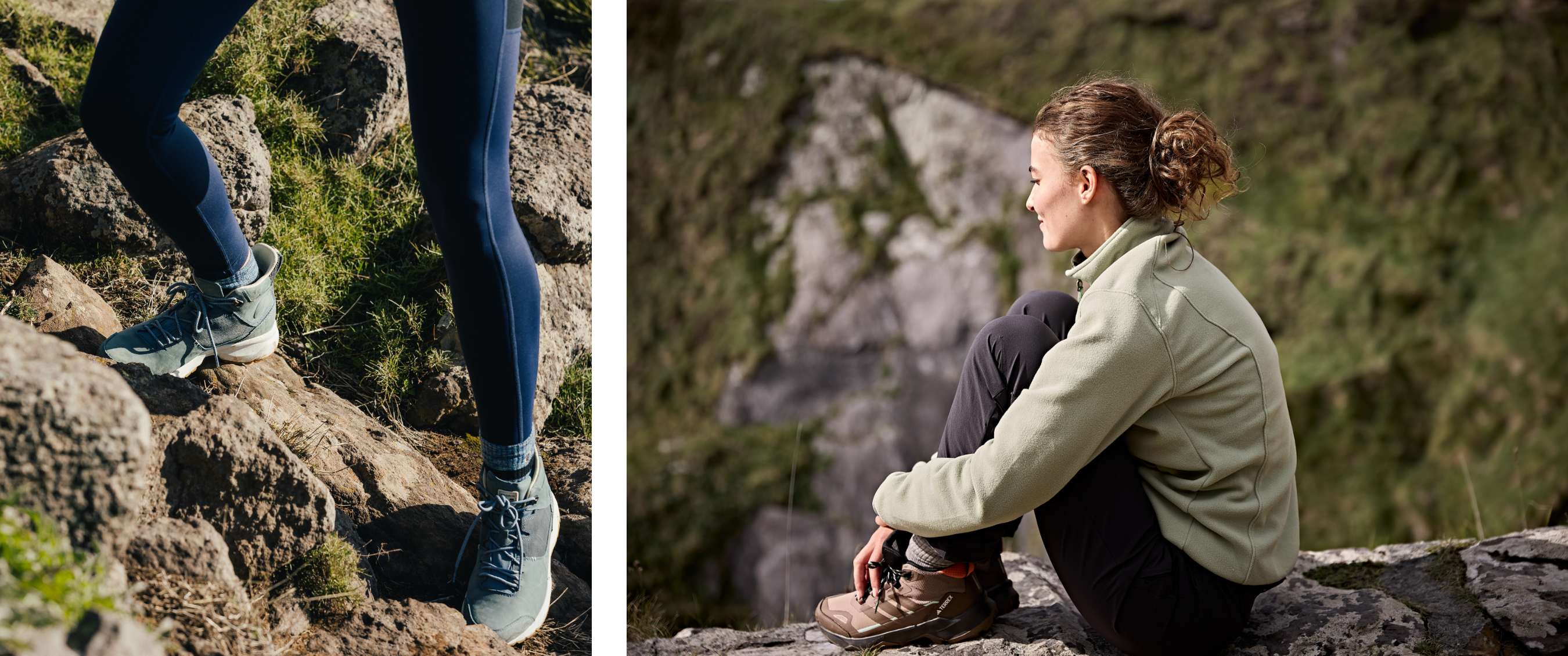 Shot of walking shoes on the left, and woman waering technical walking shoes and fleece on the right