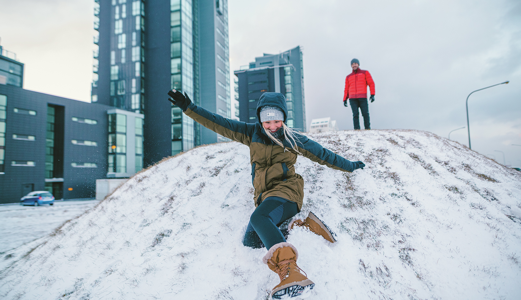 Friends in the snow wearing Columbia gear