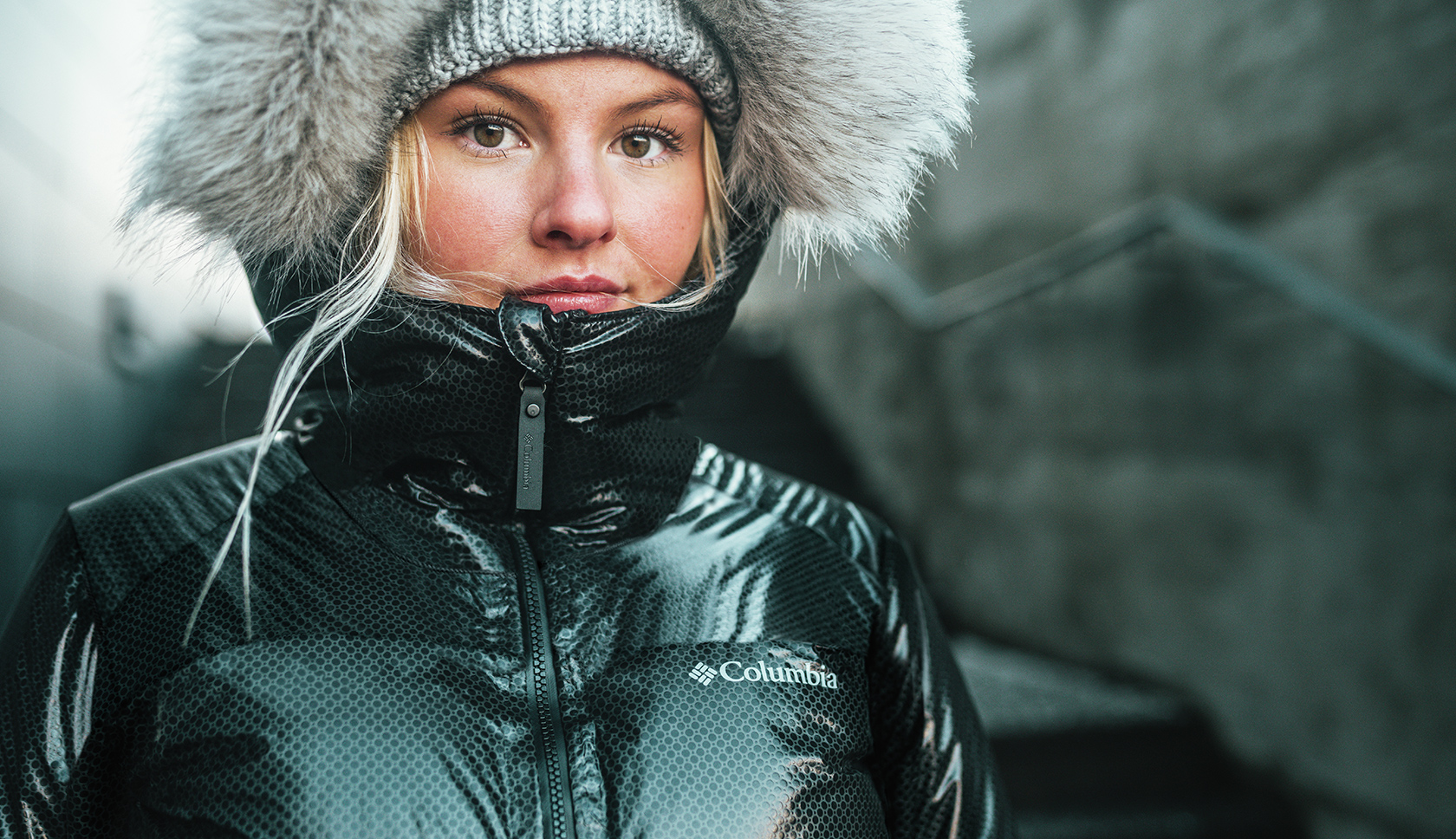 Woman wearing a Columbia jacket
