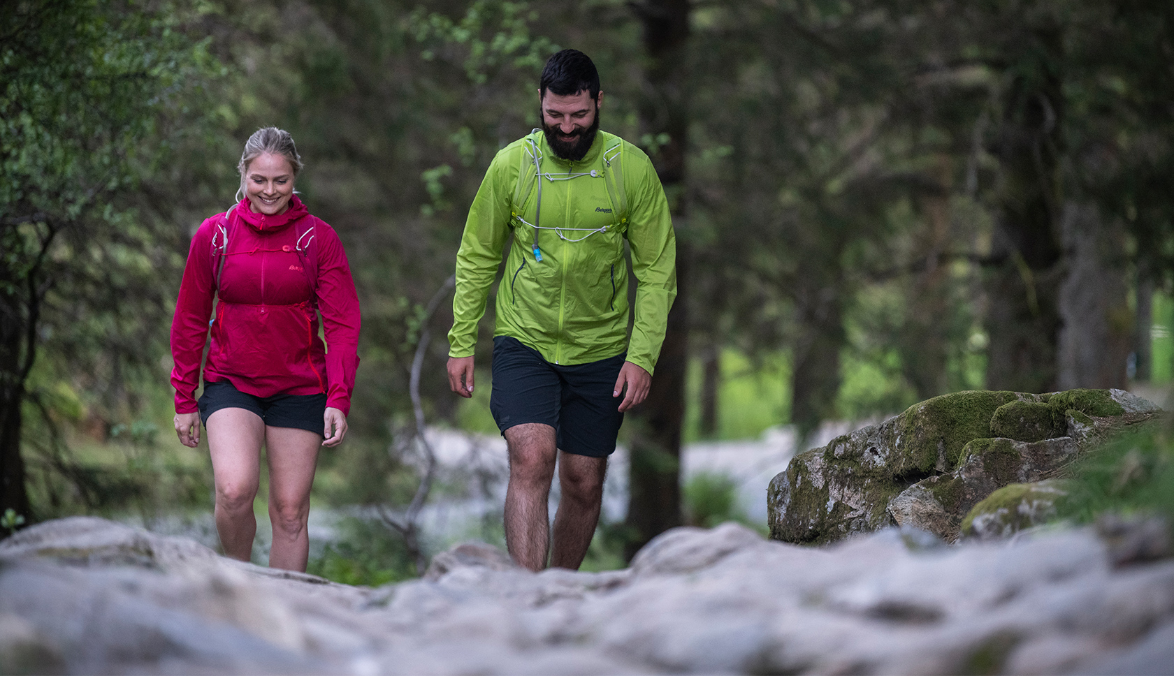 Couple fast hiking