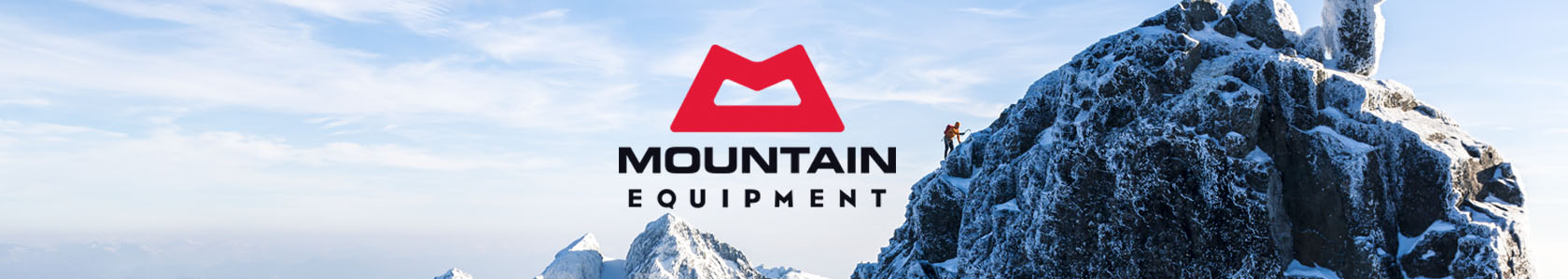 Rocks and snow with the Mountain Equipment brand logo in the middle.