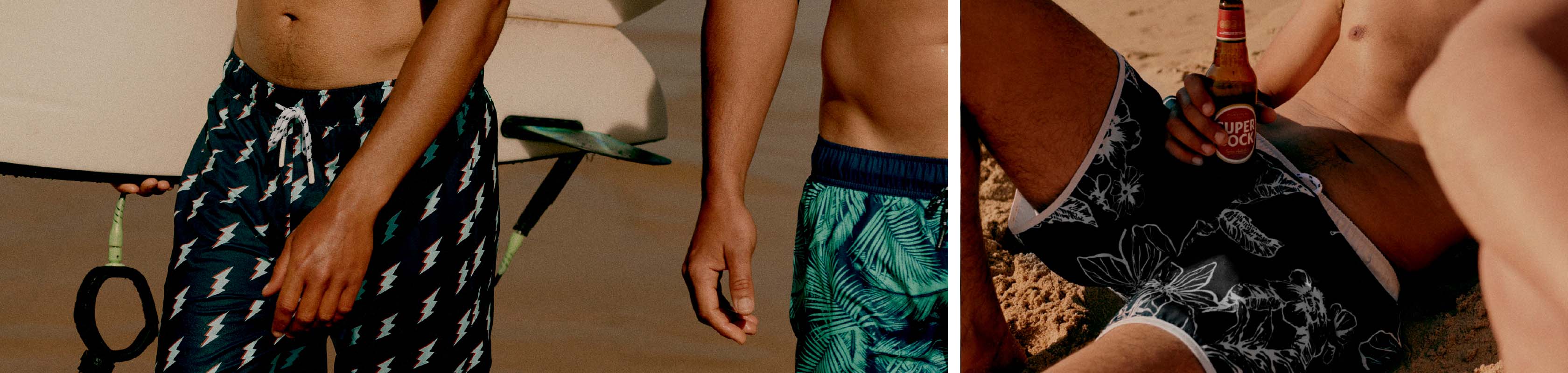 Two images in one - men's half bodies in Barts swimming shorts and wearing Barts shorts sunbathing.