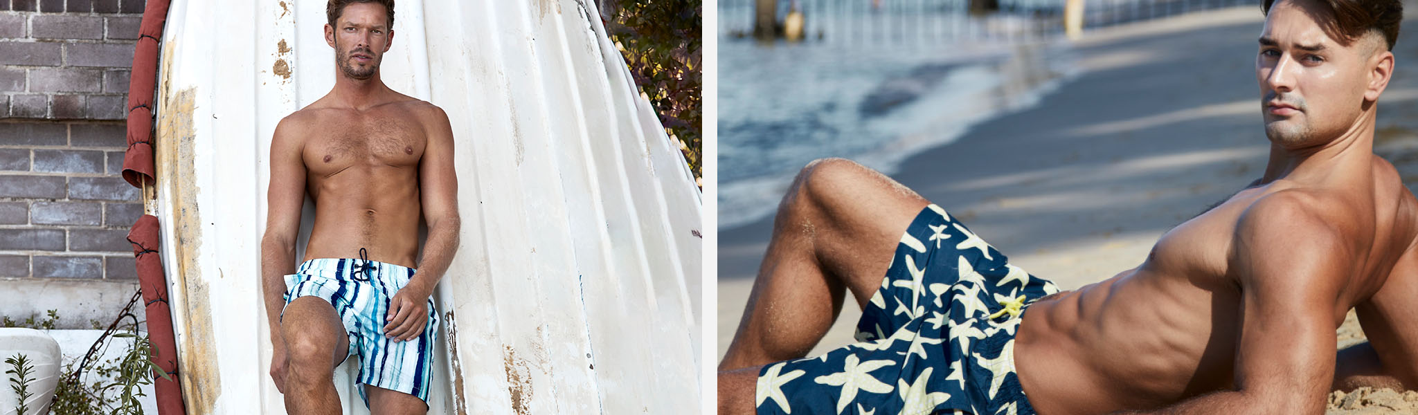 Two images in one - on both of them two men are wearing Franks swimming shorts somewhere hot.