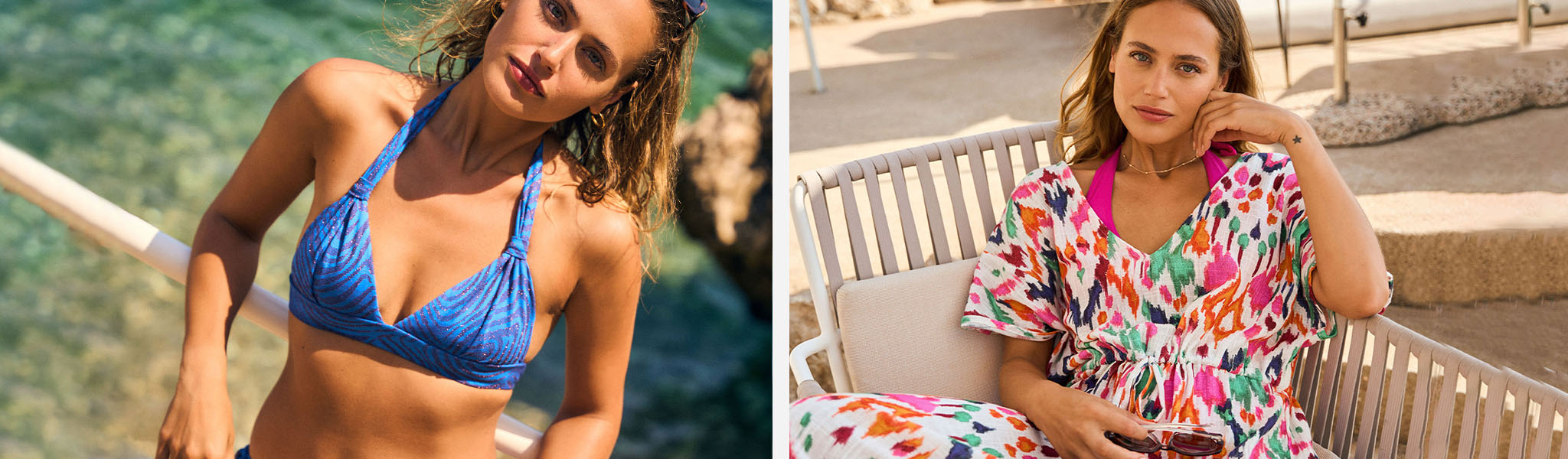 Two images in one - models are wearing Livia Monte Carlo bikini tops and bottoms and a dress.