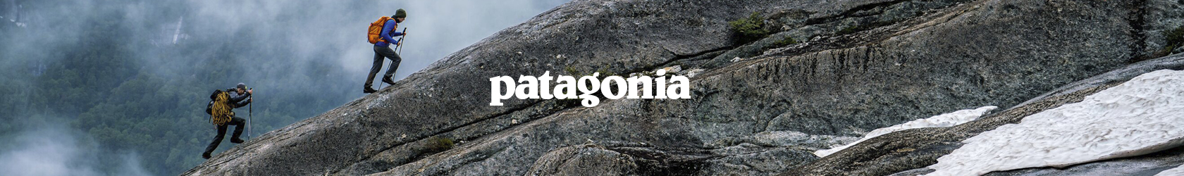 Two people are walking up a rocky mountain, wearing Patagonia gear with walking poles.
