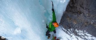 Above view of climber on vertical ice