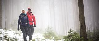 Two people walking through a forest in waterproofs
