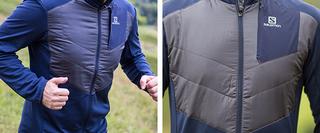 A Man running in the jacket and a close up view of the front of the jacket