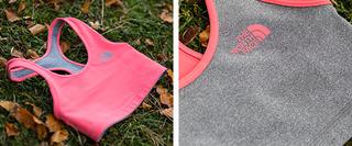 A sports bra lying on the grass, and a close up view of the North Face logo