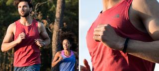 Man running through forest in red running tank top, closer detail of top in second image