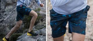 Man running up rocks in North Face Shorts, second image is a closer image to show detail