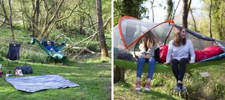 Man in hammock and women in tree tent