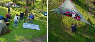 People camping using hammock and tree tent