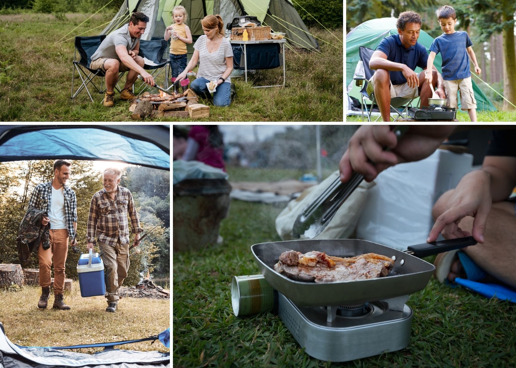 Family campsite cooking meals on campstoves 