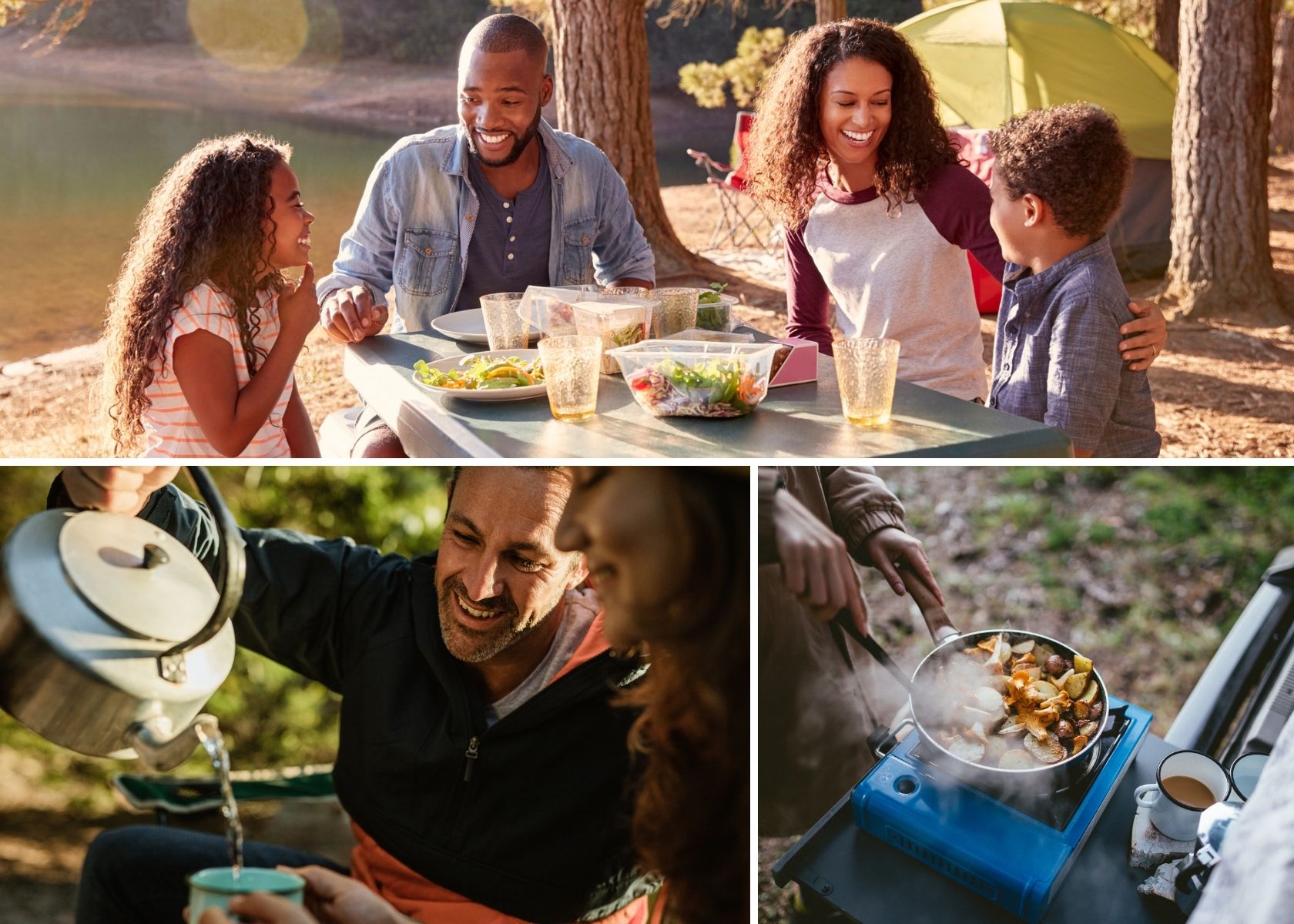 A family eating a meal at their campsite 