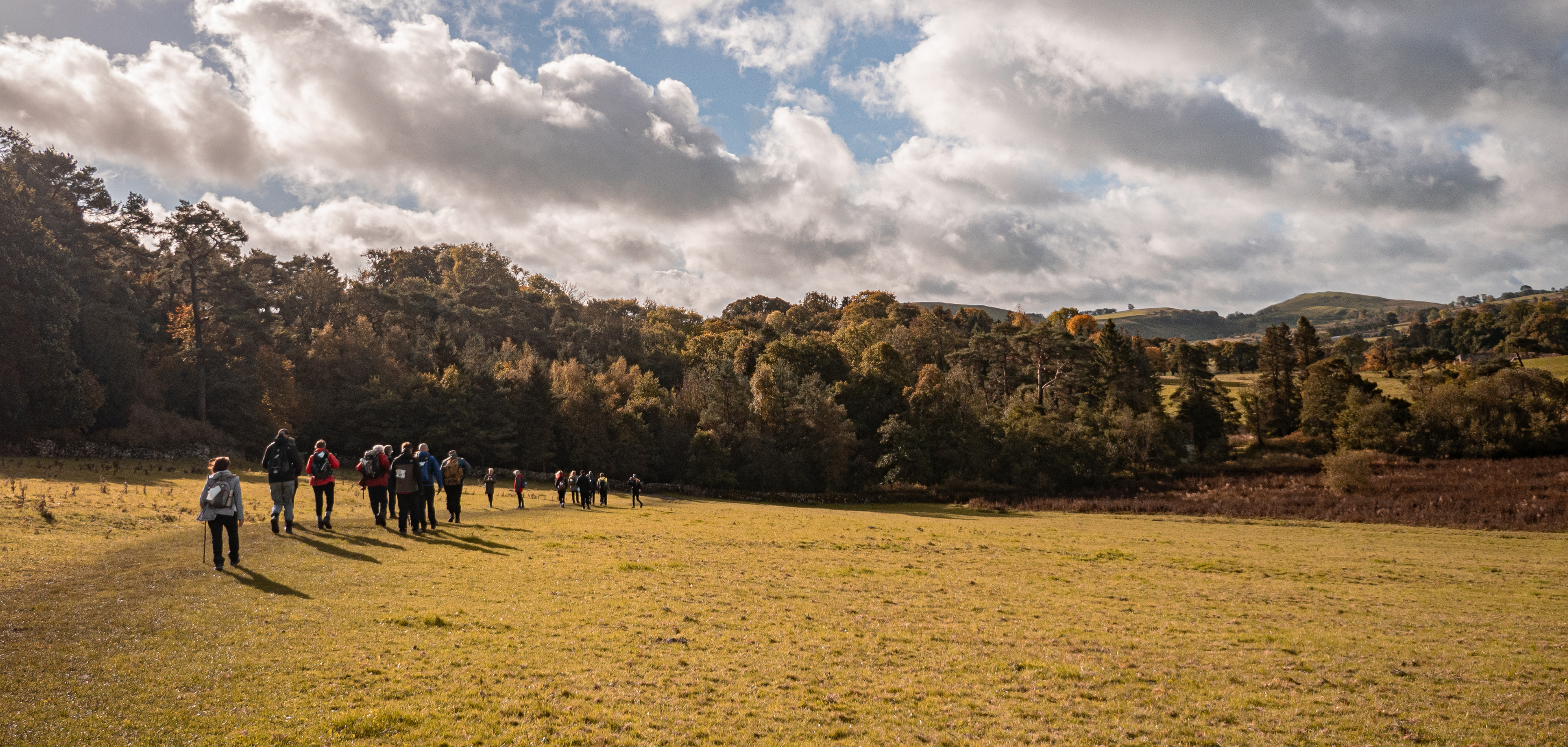 People walking together through a field in the countryside