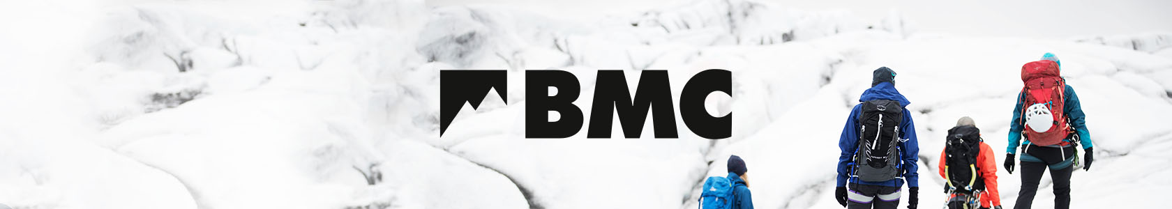 BMC logo in black on a white snowy background with 4 people to the right of the screen wearing ski gear