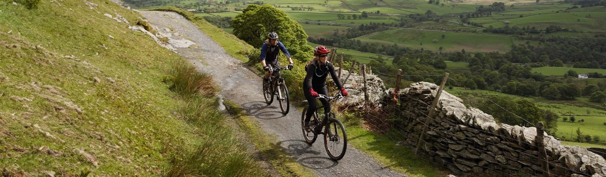 Two people are cycling on a country lane