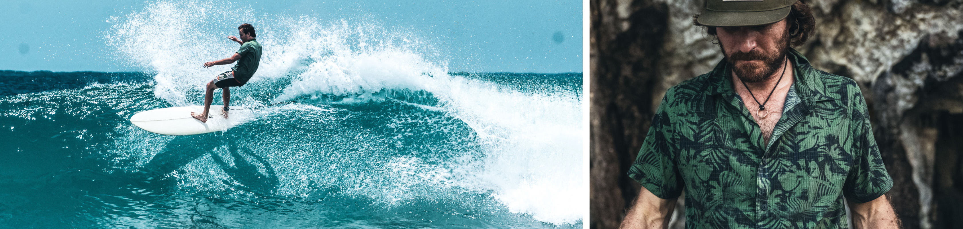 Two images in one - a man surfing and walking, wering Roark clothing.