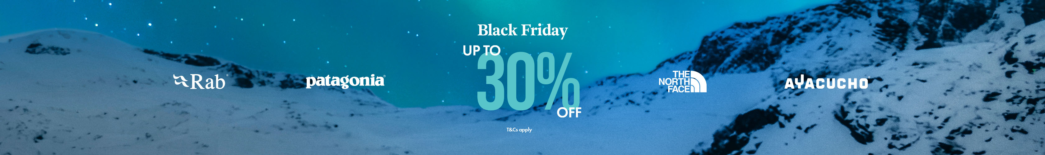 Night mountains with a text calling out Black Friday deals with up to 30% off