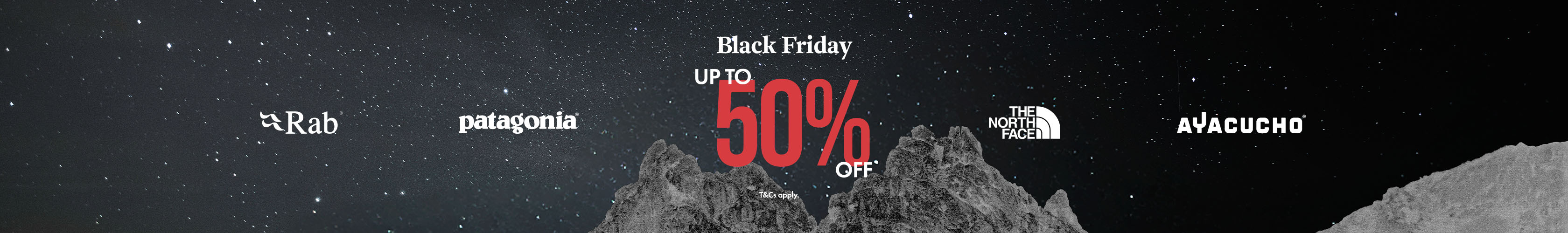 Night mountains with a text calling out Black Friday deals with up to 30% off