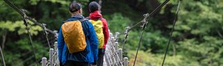 Group walking down mountain in waterproofs