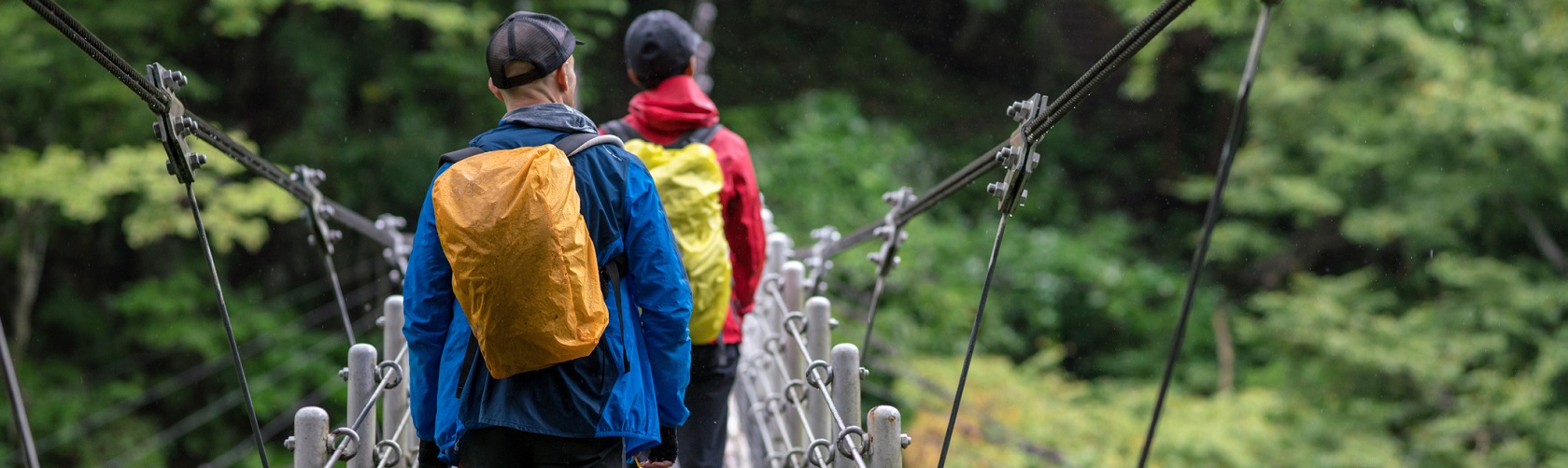 Group walking down mountain in waterproofs