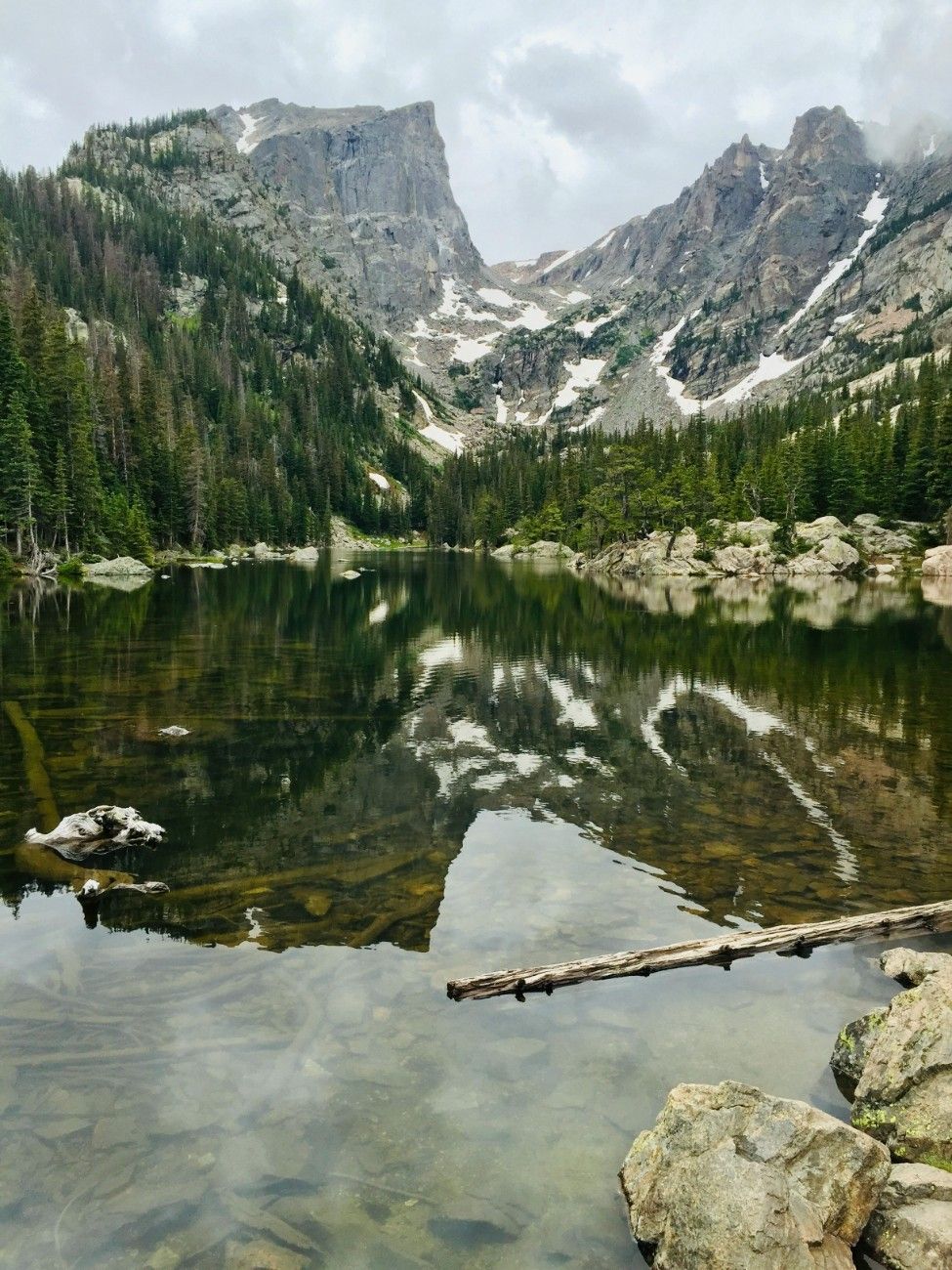 A lake in Rocky Mountain National Park with mountains in the background
