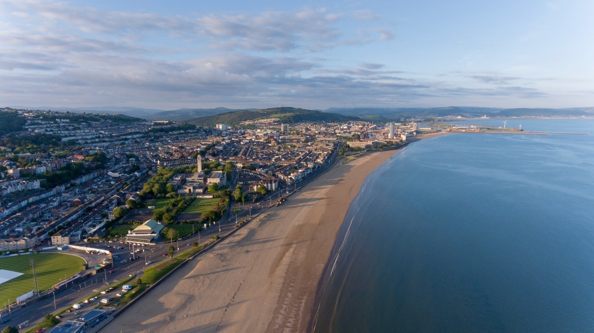 Swansea Bay from above with Swansea town in the background