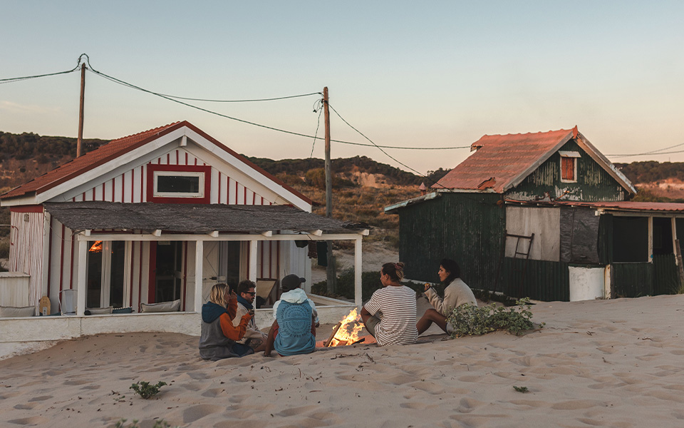 Four friends by the fire